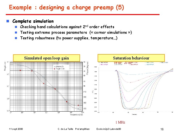 Example : designing a charge preamp (5) n Complete simulation Checking hand calculations against