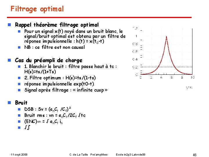 Filtrage optimal n Rappel théorème filtrage optimal Pour un signal x(t) noyé dans un