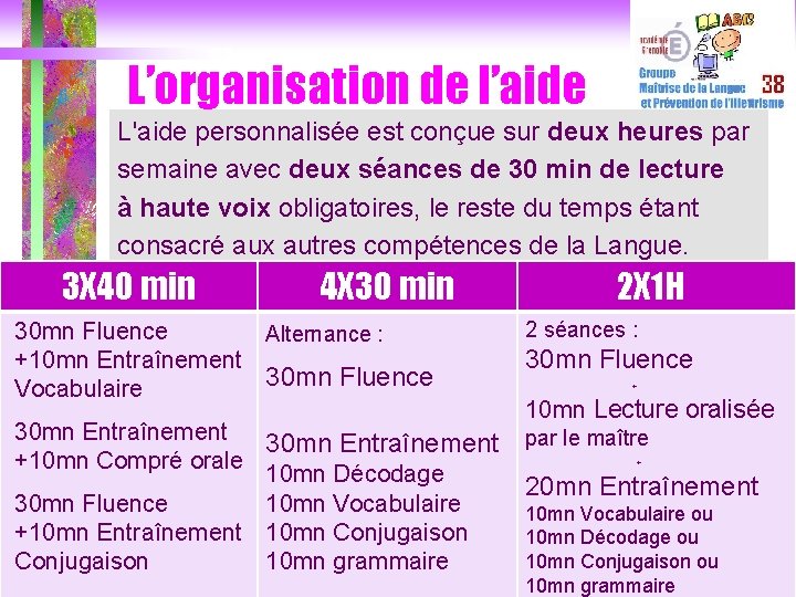 L’organisation de l’aide L'aide personnalisée est conçue sur deux heures par semaine avec deux