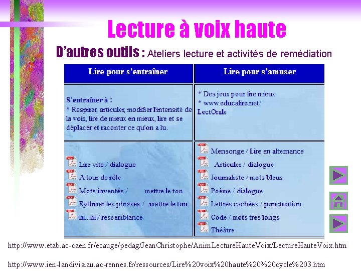 Lecture à voix haute D’autres outils : Ateliers lecture et activités de remédiation http: