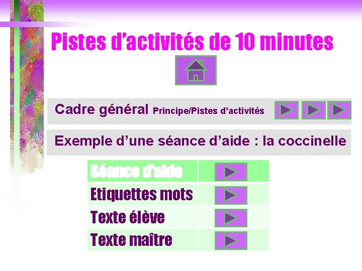 Pistes d’activités de 10 minutes Cadre général Principe/Pistes d’activités Exemple d’une séance d’aide :