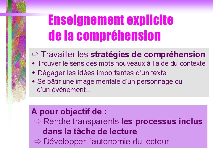 Enseignement explicite de la compréhension Travailler les stratégies de compréhension Trouver le sens des
