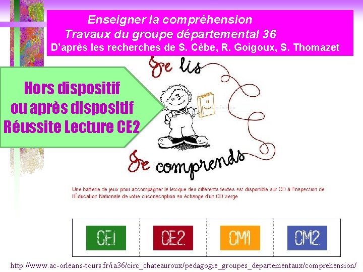  Enseigner la compréhension Travaux du groupe départemental 36 D’après les recherches de S.