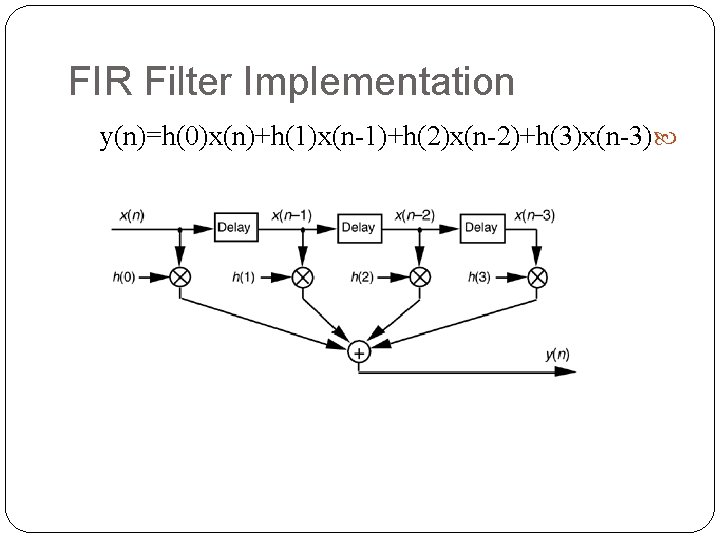 FIR Filter Implementation y(n)=h(0)x(n)+h(1)x(n-1)+h(2)x(n-2)+h(3)x(n-3) FIR Filter Implementation y(n)=h(0)x(n)+h(1)x(n-1)+h(2)x(n-2)+h(3)x(n-3)