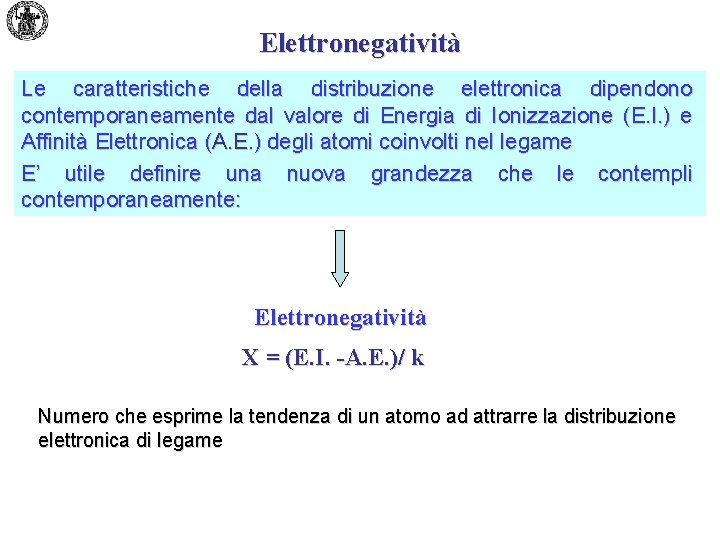 Elettronegatività Le caratteristiche della distribuzione elettronica dipendono contemporaneamente dal valore di Energia di Ionizzazione