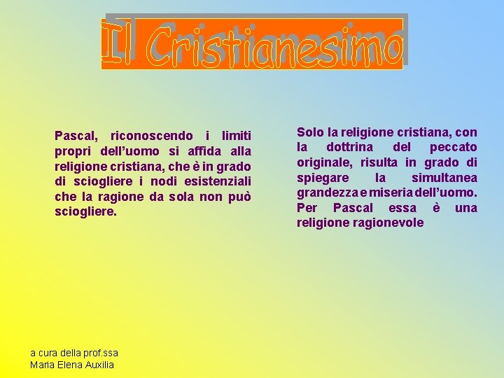 Pascal, riconoscendo i limiti propri dell’uomo si affida alla religione cristiana, che è in