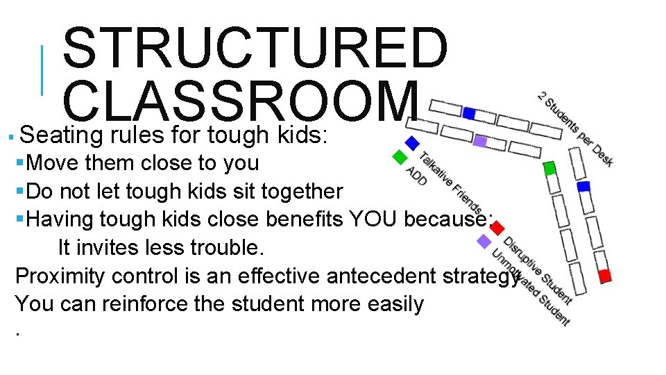 § STRUCTURED CLASSROOM Seating rules for tough kids: §Move them close to you §Do