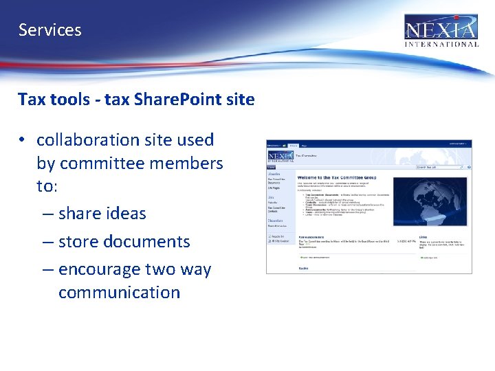 Services Tax tools - tax Share. Point site • collaboration site used by committee