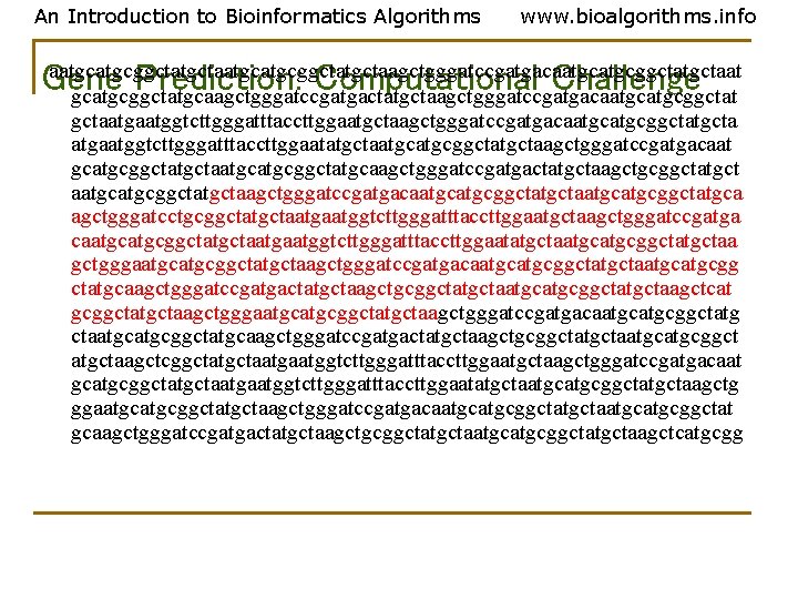 An Introduction to Bioinformatics Algorithms www. bioalgorithms. info aatgcatgcggctatgctaagctgggatccgatgacaatgcggctatgctaat Gene Prediction: Computational Challenge gcatgcggctatgcaagctgggatccgatgactatgctaagctgggatccgatgacaatgcggctat An Introduction to Bioinformatics Algorithms www. bioalgorithms. info aatgcatgcggctatgctaagctgggatccgatgacaatgcggctatgctaat Gene Prediction: Computational Challenge gcatgcggctatgcaagctgggatccgatgactatgctaagctgggatccgatgacaatgcggctat