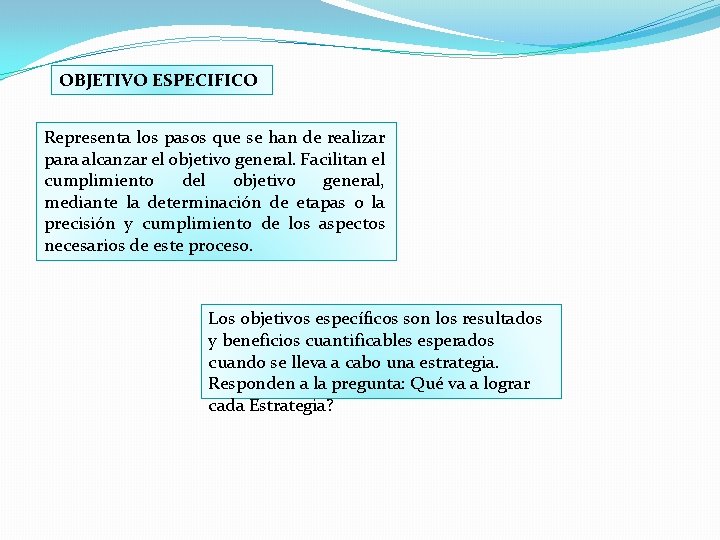 OBJETIVO ESPECIFICO Representa los pasos que se han de realizar para alcanzar el objetivo