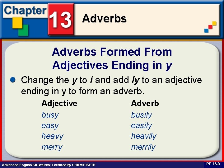 Adverbs Formed From Adjectives Ending in y Change the y to i and add