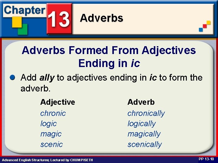 Adverbs Formed From Adjectives Ending in ic Add ally to adjectives ending in ic