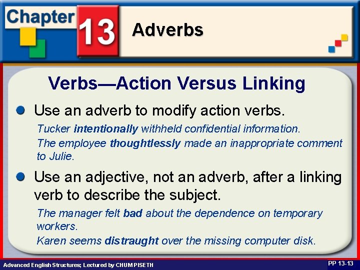 Adverbs Verbs—Action Versus Linking Use an adverb to modify action verbs. Tucker intentionally withheld