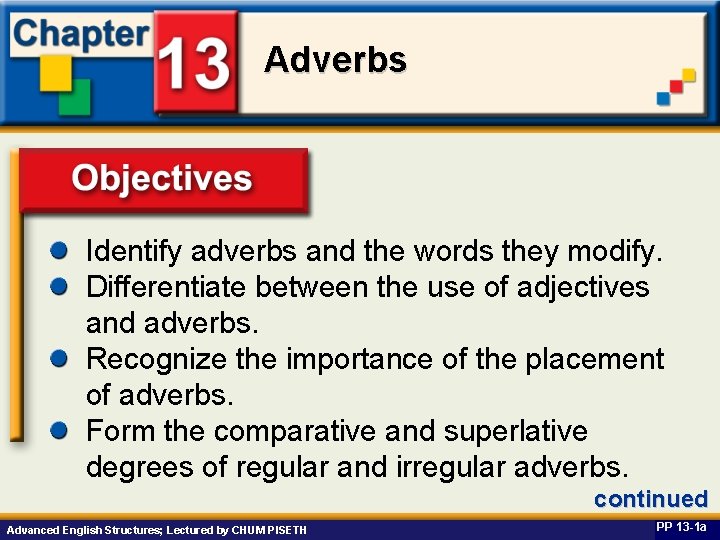 Adverbs Identify adverbs and the words they modify. Objectives Differentiate between the use of