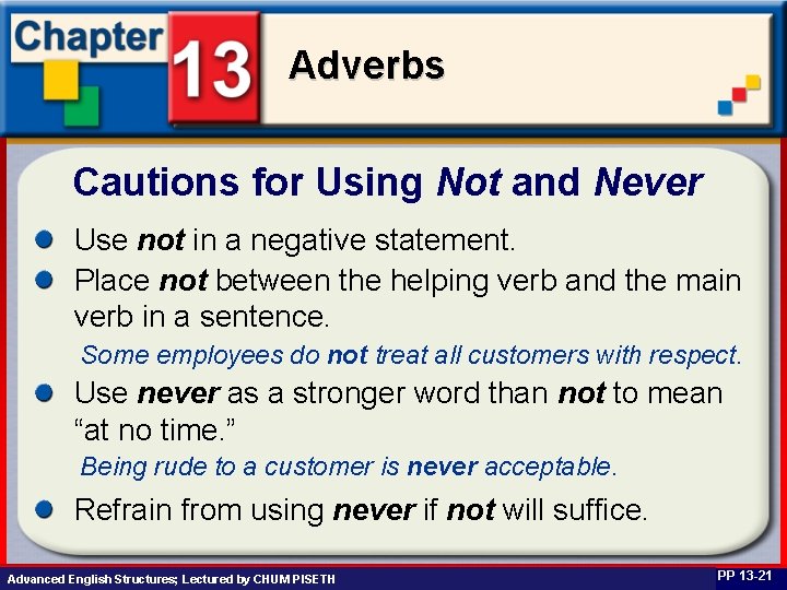 Adverbs Cautions for Using Not and Never Use not in a negative statement. Place