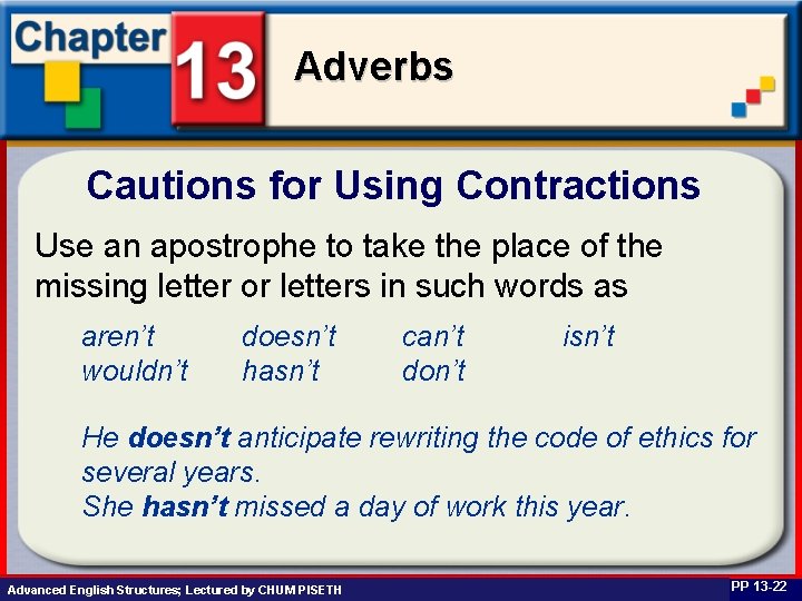 Adverbs Cautions for Using Contractions Use an apostrophe to take the place of the