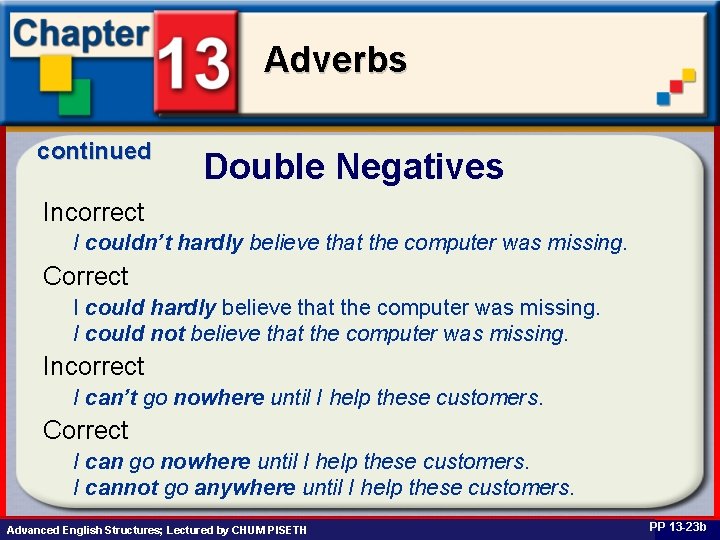 Adverbs continued Double Negatives Incorrect I couldn’t hardly believe that the computer was missing.