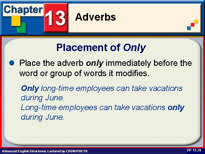Adverbs Placement of Only Place the adverb only immediately before the word or group