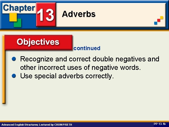Adverbs continued Recognize and correct double negatives and Objectives other incorrect uses of negative