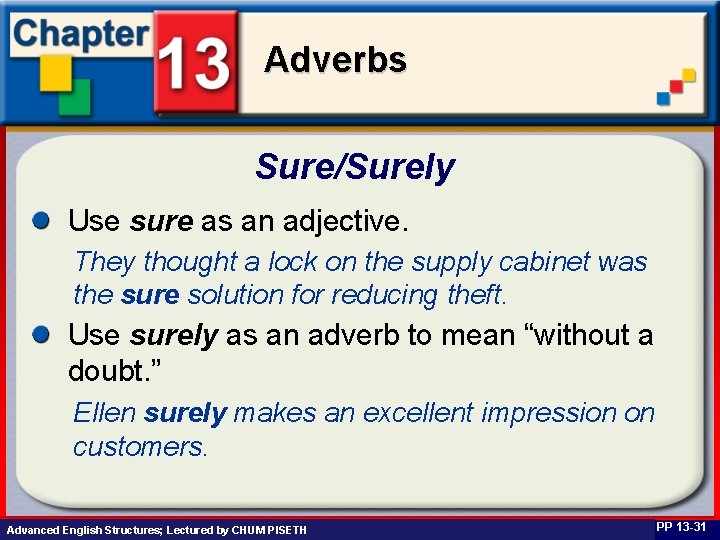 Adverbs Sure/Surely Use sure as an adjective. They thought a lock on the supply