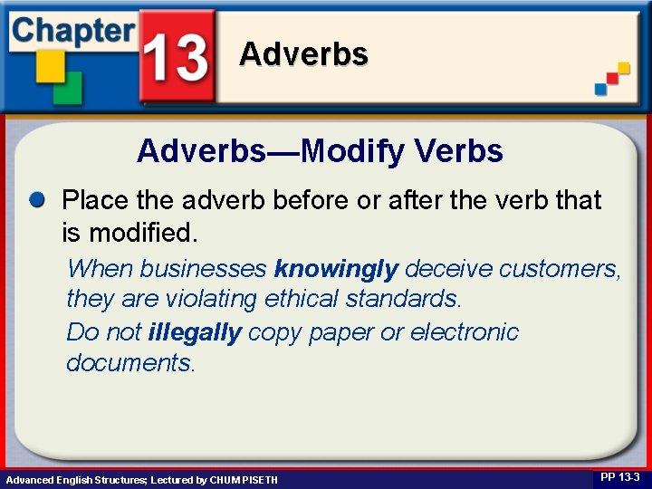 Adverbs—Modify Verbs Place the adverb before or after the verb that is modified. When