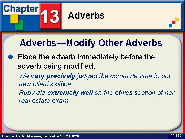 Adverbs—Modify Other Adverbs Place the adverb immediately before the adverb being modified. We very