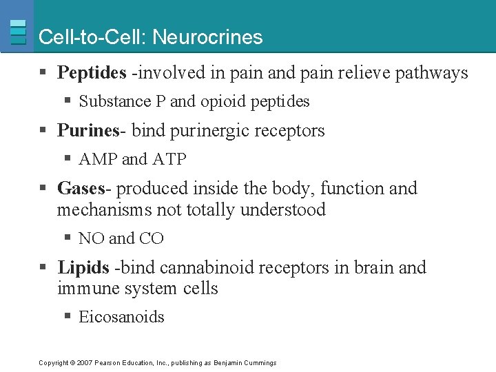 Cell-to-Cell: Neurocrines § Peptides -involved in pain and pain relieve pathways § Substance P