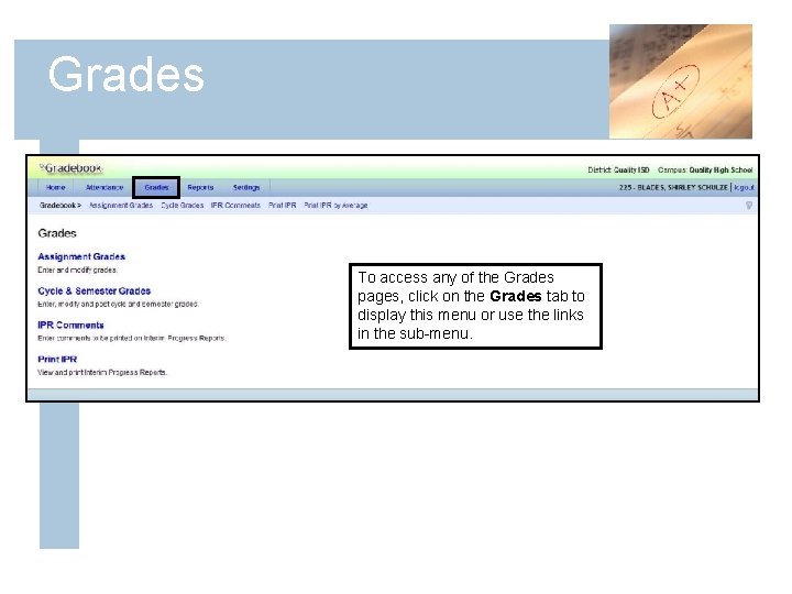 Grades To access any of the Grades pages, click on the Grades tab to