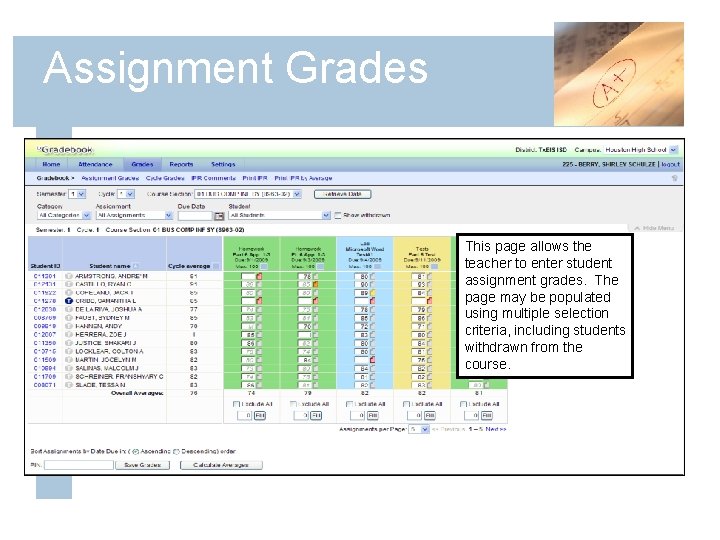 Assignment Grades This page allows the teacher to enter student assignment grades. The page