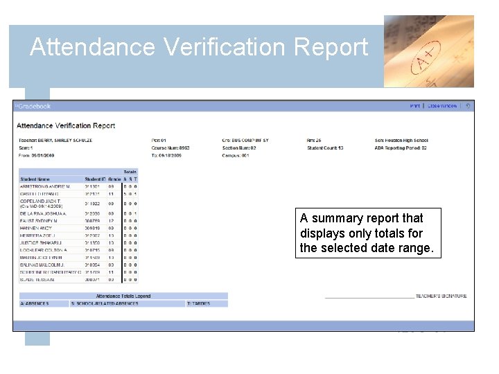 Attendance Verification Report A summary report that displays only totals for the selected date
