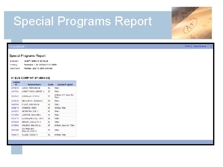 Special Programs Report 