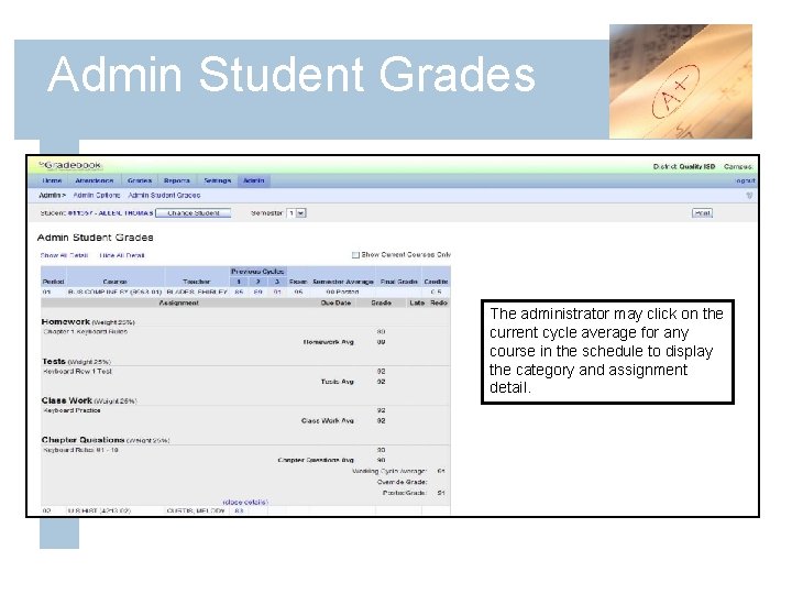 Admin Student Grades The administrator may click on the current cycle average for any