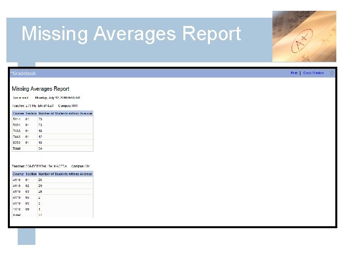 Missing Averages Report 