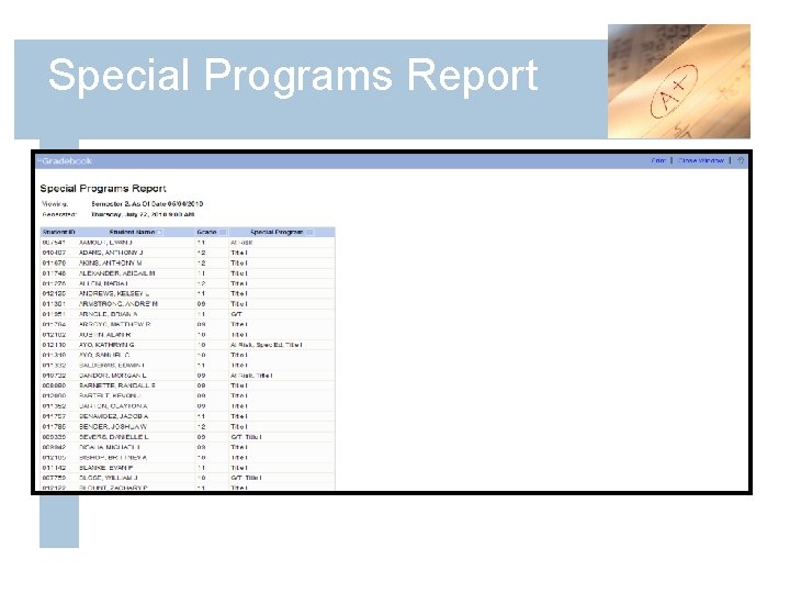 Special Programs Report 