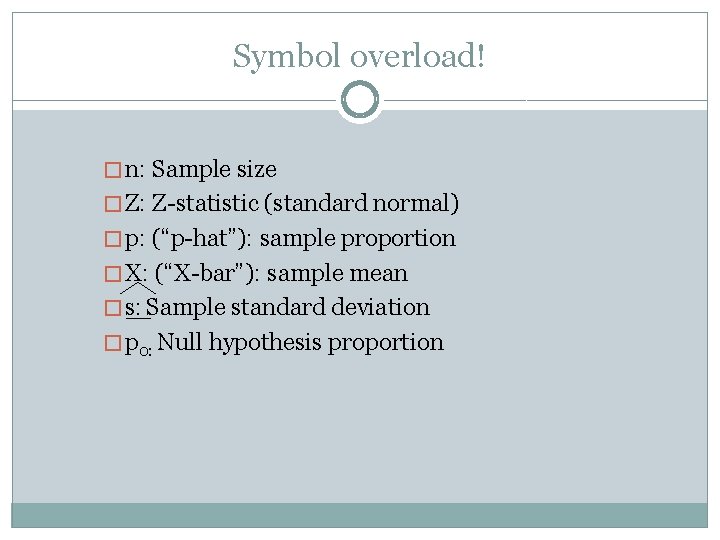 Symbol overload! � n: Sample size � Z: Z-statistic (standard normal) � p: (“p-hat”):