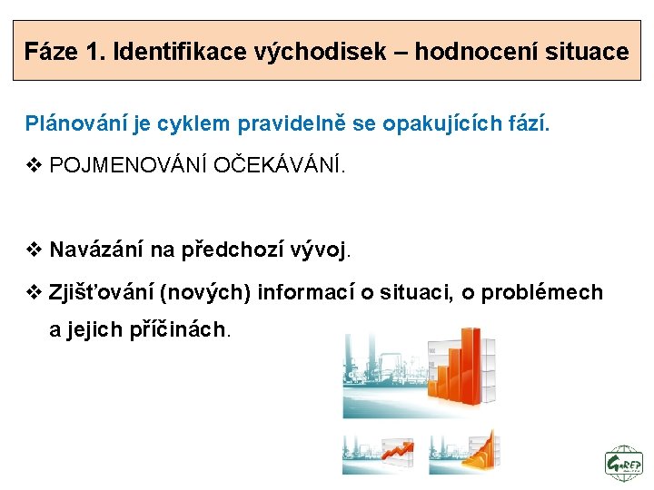 Fáze 1. Identifikace východisek – hodnocení situace Plánování je cyklem pravidelně se opakujících fází.