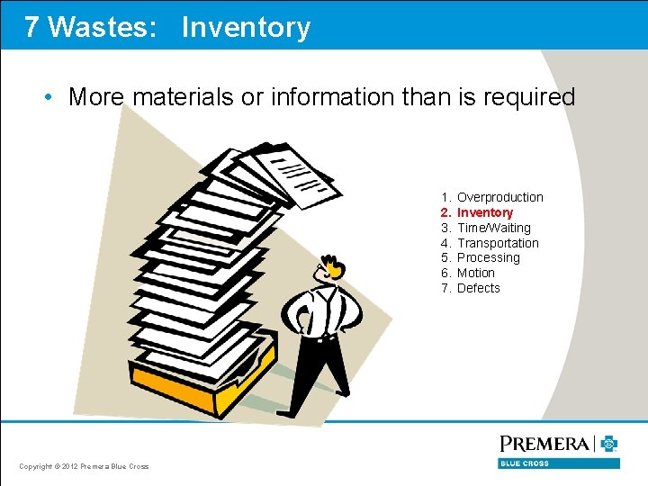 7 Wastes: Inventory • More materials or information than is required 1. 2. 3.