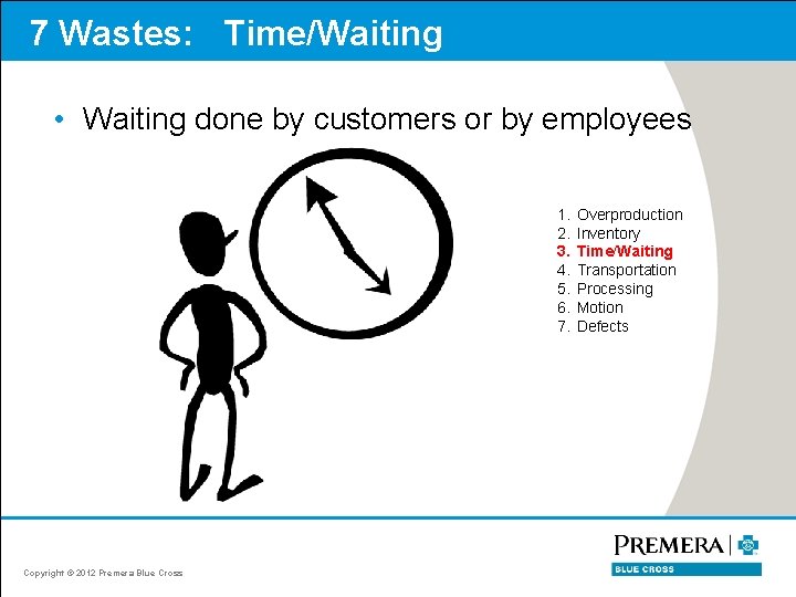 7 Wastes: Time/Waiting • Waiting done by customers or by employees 1. 2. 3.