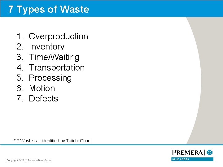 7 Types of Waste 1. 2. 3. 4. 5. 6. 7. Overproduction Inventory Time/Waiting