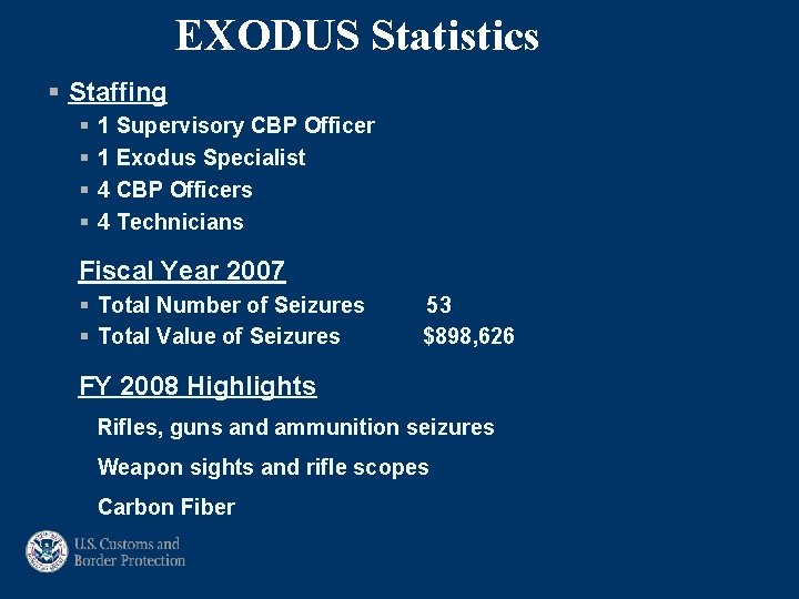 EXODUS Statistics § Staffing § § 1 Supervisory CBP Officer 1 Exodus Specialist 4