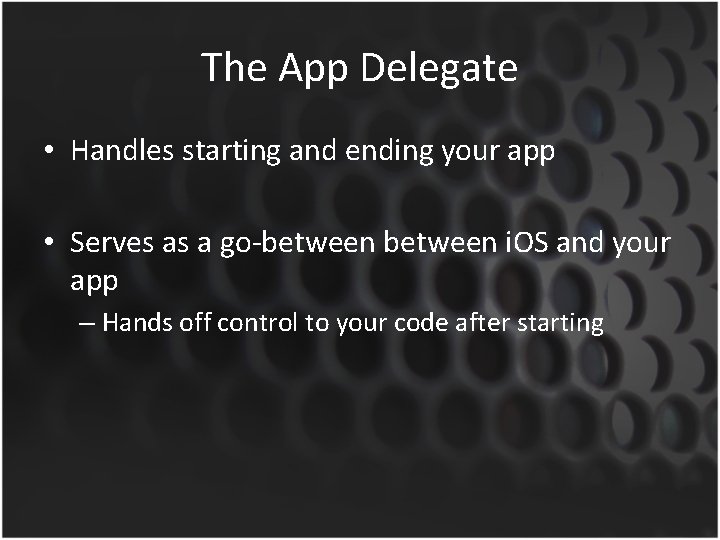 The App Delegate • Handles starting and ending your app • Serves as a