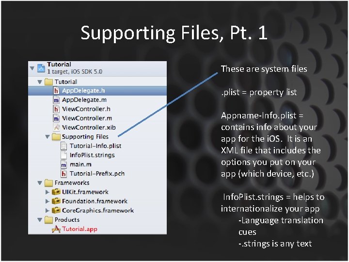 Supporting Files, Pt. 1 These are system files. plist = property list Appname-Info. plist