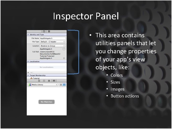 Inspector Panel • This area contains utilities panels that let you change properties of