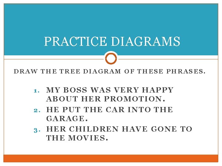 PRACTICE DIAGRAMS DRAW THE TREE DIAGRAM OF THESE PHRASES. MY BOSS WAS VERY HAPPY PRACTICE DIAGRAMS DRAW THE TREE DIAGRAM OF THESE PHRASES. MY BOSS WAS VERY HAPPY