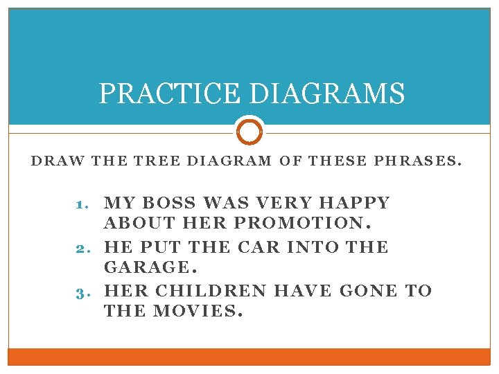 PRACTICE DIAGRAMS DRAW THE TREE DIAGRAM OF THESE PHRASES. MY BOSS WAS VERY HAPPY