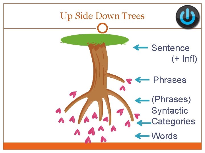 Up Side Down Trees Sentence (+ Infl) Phrases (Phrases) Syntactic Categories Words Up Side Down Trees Sentence (+ Infl) Phrases (Phrases) Syntactic Categories Words