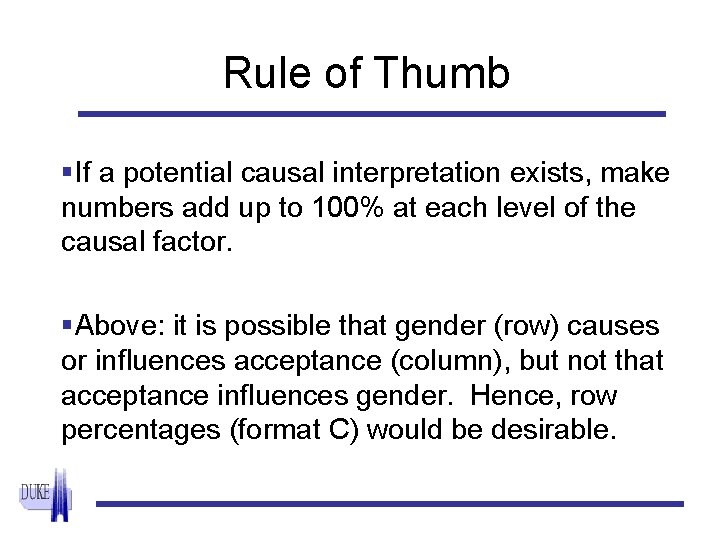 Rule of Thumb §If a potential causal interpretation exists, make numbers add up to