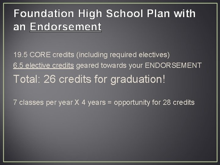 Foundation High School Plan with an Endorsement 19. 5 CORE credits (including required electives)