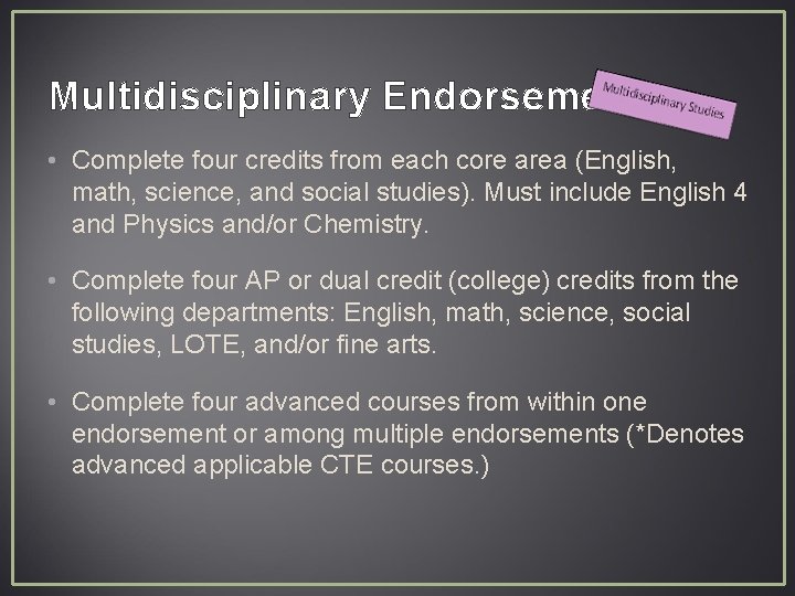 Multidisciplinary Endorsement • Complete four credits from each core area (English, math, science, and