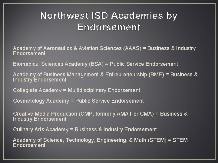 Northwest ISD Academies by Endorsement Academy of Aeronautics & Aviation Sciences (AAAS) = Business